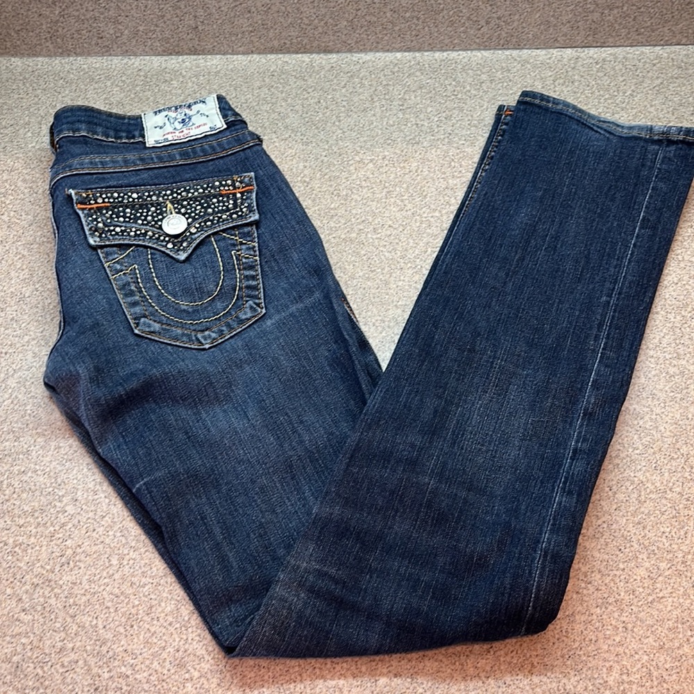 👖True Religion Dark Blue Straight Leg Jean Women size 26 W/ Crystal Emblishment